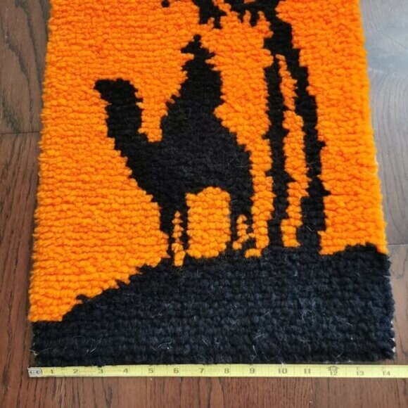 60s Latch Hook Wall Hanging 14"x39" Vintage MCM Orange Black Camel Rider Palm - Picture 8 of 9